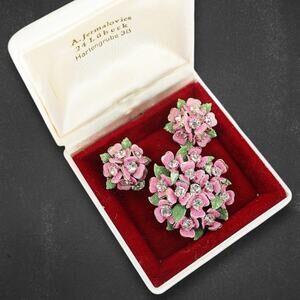 Read! Vintage Austrian Enamel Rhinestone Floral Brooch & Earrings Set Pink Green